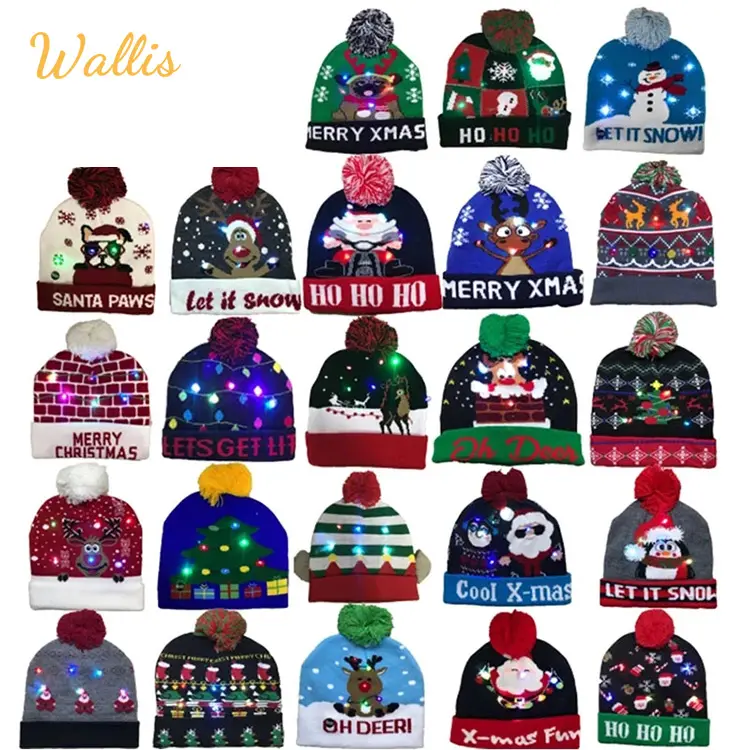 2023 Dekorasi Tahun Baru Hadiah Anak Dewasa Led Pohon Natal Topi Anjing Sweater Menyala Rajutan Beanie Topi Natal dengan Lampu