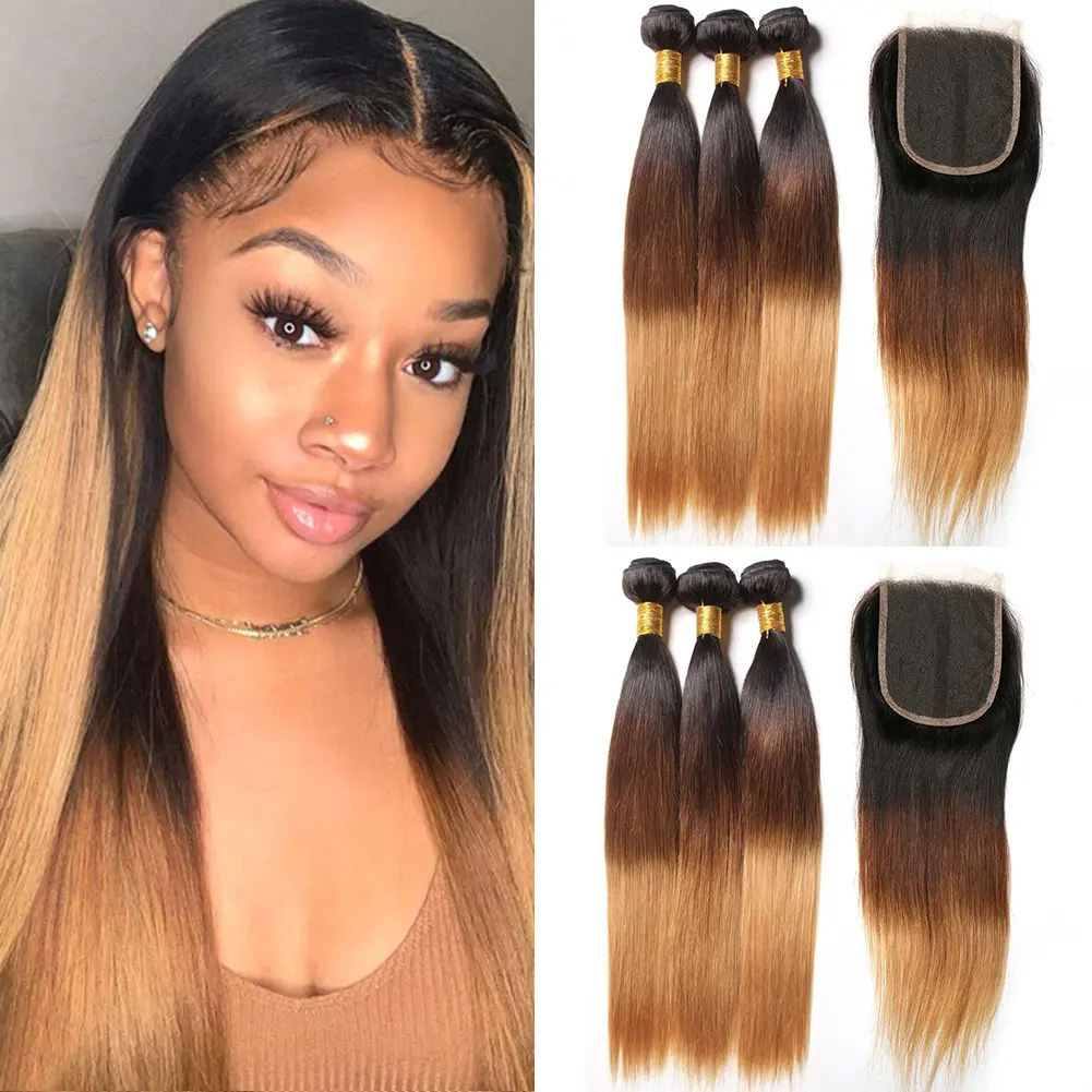 Cheap Wholesale Cuticle Aligned Hair Extensions 1b/4/27 Ombre 100 Virgin Brazilian Human Hair Bundles with Closure