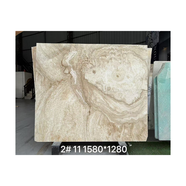 Off-white, water-patterned, translucent Onyx slab