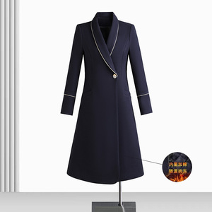Women's Wool Coat Navy Blue Long Sleeve Solid Color Winter Uniform For Office Staff Flight Attendants Hotel Receptionists - Product Image 5