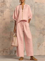 Conjunto de Dos Piezas para Mujer, Color Sólido, Estilo Casual, Holgado, Transpirable, con Top de Media Manga y Pantalones con Cordón, Ideal para Vacaciones