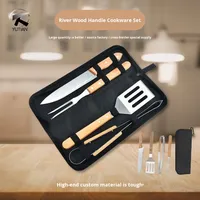 Ensemble d'outils de barbecue portable d'extérieur très vendu, ensemble de grillades à manche en bois, barbecue de haute qualité, 4 pièces d'outils de barbecue avec sac en tissu Oxford