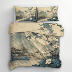 Parure de <span class=keywords><strong>lit</strong></span> <span class=keywords><strong>montagne</strong></span> bleue à motifs floraux, 3 pièces, housse de couette en microfibre douce à motifs avec attaches à fermeture éclair et 2 taies d'oreiller - Product Image 2