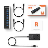 RSHTECH 10 ports alimenté USB 3.1Hub Gen 2 Hub10Gbps Super vitesse USB Hub Splitter 12V/3A Adaptateur secteur USB C Hub pour PC portable