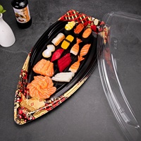 Boîte à sushi jetable en PET de qualité alimentaire, grande, en forme de bateau, à motif volubilis, avec couvercle, pour la vente à emporter commerciale
