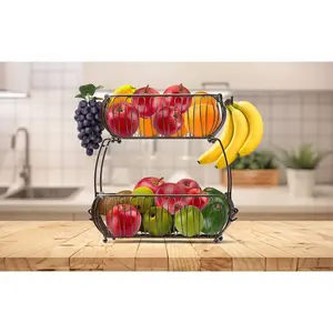 Accueil Panier de rangement pour fruits multifonctionnel en métal à 2 niveaux en bronze pour cuisine et salon