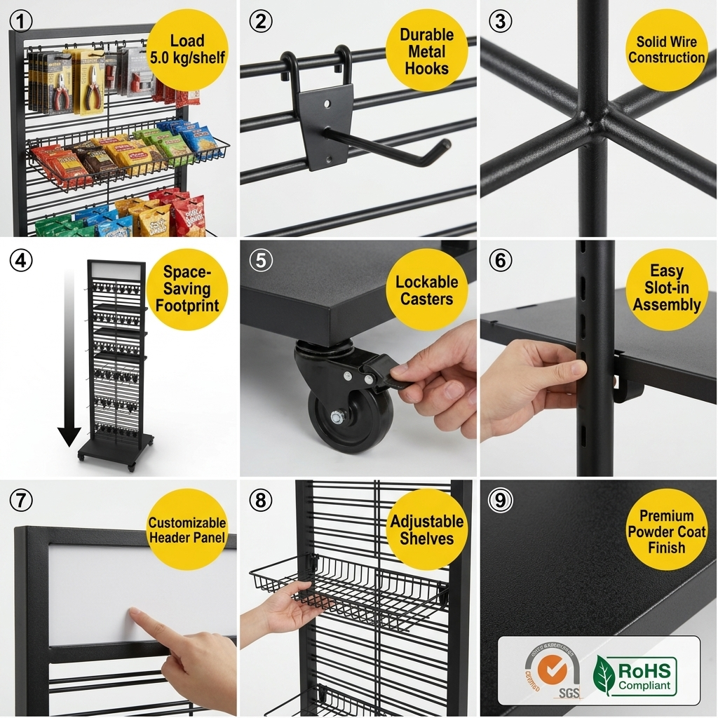 Movable Floor Standing Metal Wire Display Stand with Header Hooks Wheels Customizable Retail Shop Supermarket Merchandise Rack — view 5