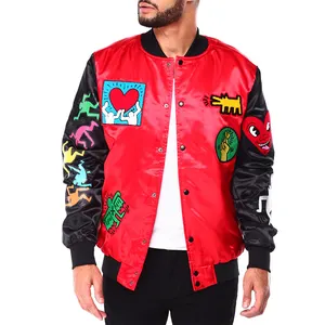 OEM Custom Winter Red 80S Street Fashion Satin gerippte elastische Manschette Patches Stickerei Varsity Jacke für Männer