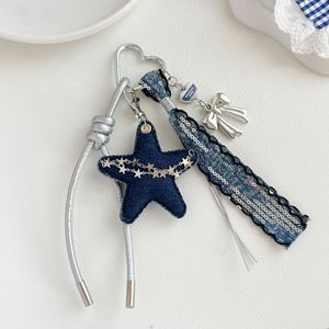 Custom Y2K Denim Blue Star Keychain Sequins Ribbon Tassel <b>Bow</b> Heart Charm Bag Pendant for Women <b>Car</b> Key Holder - Product Image 2