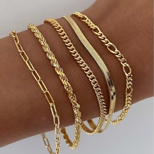 Set <span class=keywords><strong>de</strong></span> 5 Pulseras <span class=keywords><strong>de</strong></span> Cadena <span class=keywords><strong>de</strong></span> Aleación Chapadas en Oro, Modernas y Apilables, con Eslabones Herringbone, <span class=keywords><strong>Figaro</strong></span> y Cubano - Regalo - Product Image 3