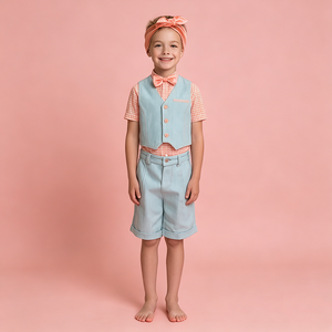 Tenues assorties pour la famille rétro à pois orange corail, 4 pièces : costume pour papa, robe swing pour maman, gilet pour garçon, short pour fille, robe pour fille - Product Image 4