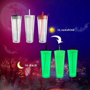 Gobelet lumineux phosphorescent en plastique acrylique à double paroi, orange et noir transparent, réutilisable, avec paillettes flottantes - Product Image 1