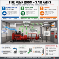 Ensemble de pompe à incendie diesel avec silencieux d'échappement, système de ventilation et système de refroidissement du moteur