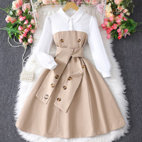 Printemps Été 2025 Robes de Fille Mode Patchwork Haute Qualité Manches Longues avec Boutons Design Vêtements Décontractés pour Filles