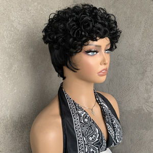 Perruque Courte Noire Bouclée pour Femmes Noires, Perruque Synthétique pour Femmes avec Frange, Sans Dentelle Frontale, Cheveux Bouclés, Coupe Pixie de 6 Pouces - Product Image 3