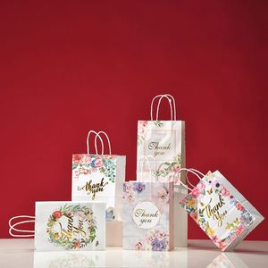 Bolsas de Papel Kraft con Diseño de Flores Marrones Recién Fabricadas, Diseño Personalizado 'Gracias', Laminación, Impresión Digital, Estilo Clásico - Product Image 2