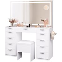 Ensemble coiffeuse de chambre moderne et simple avec miroir LED, prise électrique intégrée et panneau en acier inoxydable – Design épuré