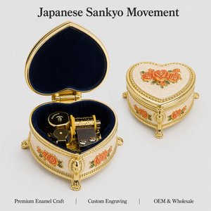 Boîte à musique vintage en métal, mouvement Sankyo, émail, bijoux, bibelots, à remonter, gravure personnalisée, cadeaux de mariage, souvenirs de la Saint-Valentin - Product Image 1