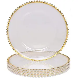 Hot Sale Wedding Decoration 13 Inch Round Clear Gold Rim Plastic Charger Plate With Gold Silver Black Beads