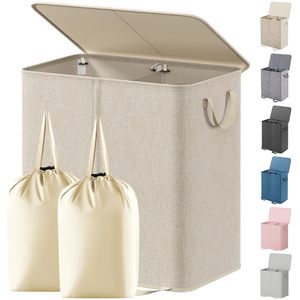 Cesto per Bucato Doppio con 2 Sacchi Rimovibili, Contenitore per Biancheria a 2 Scomparti con Manici per Bagno e Camera da Letto - Product Image 1