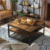 Table basse carrée industrielle moderne en bois avec 2 étagères de rangement, plateau en bois grainé et structure en bois noir