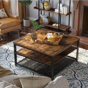 Table basse carrée industrielle en bois avec 2 étagères de rangement, plateau en bois grainé et structure en métal noir - Product Image 6