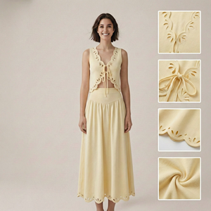 Conjunto de <span class=keywords><strong>Falda</strong></span> de Dos Piezas Estilo Boho Amarillo Mantequilla para el Verano 2026, <span class=keywords><strong>Top</strong></span> Corto sin Mangas <span class=keywords><strong>con</strong></span> Lazada Delantera y <span class=keywords><strong>Falda</strong></span> Midi <span class=keywords><strong>con</strong></span> Cintura Elástica - Product Image 2