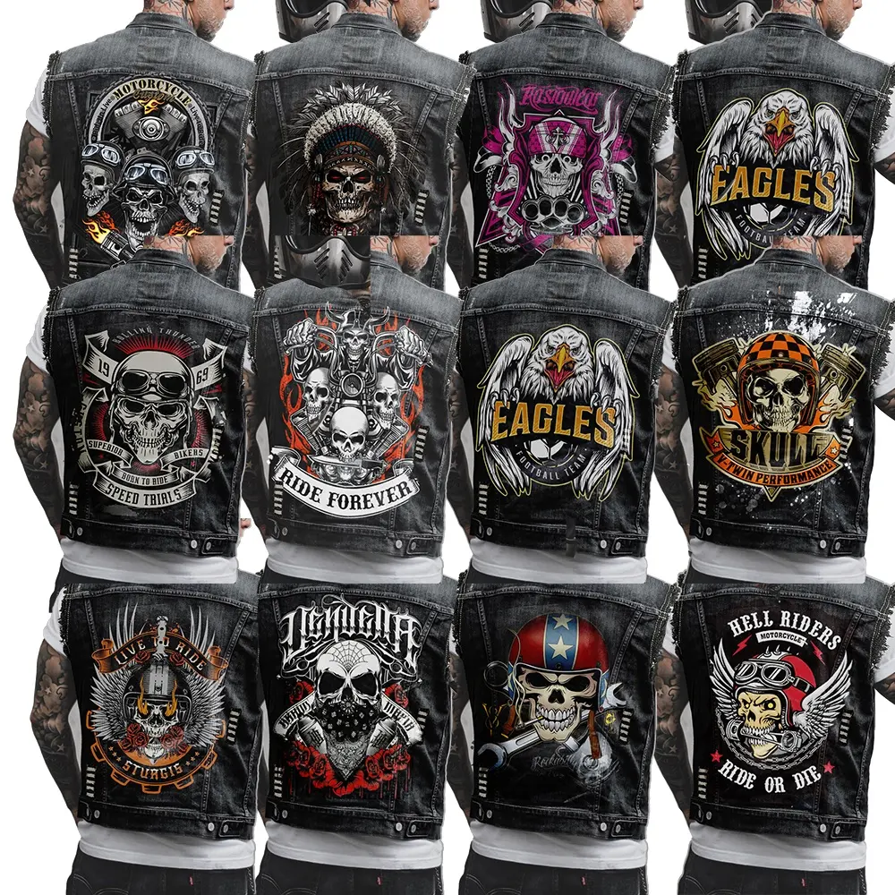 Men's Punk Casual Denim Vest Sleeveless Fashion Jacket Print Urban Streetwear Spring Summer Motorcycle Club biker Denim Vest