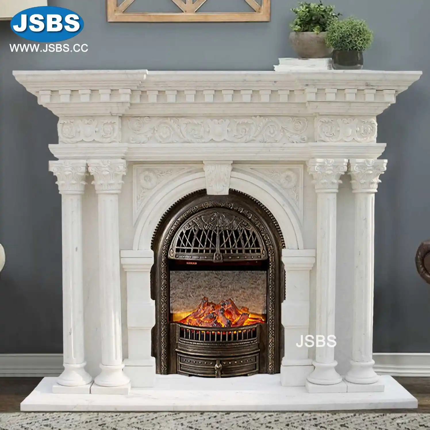 Hand carved classic cultured marble fireplace mantel