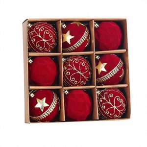 Ensemble de 9 décorations de Noël de luxe en velours rouge, ornements peints à la main avec paillettes dorées, boules incassables élégantes pour suspendre sur l'arbre de Noël - Product Image 1