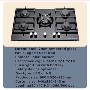 Cuisinière à gaz de qualité 5 brûleurs plaque de cuisson à gaz intégrée noire appareil de cuisine en verre trempé en fonte lourde pour une utilisation en camping-car en plein air fabriqué en chine - Product Image 2