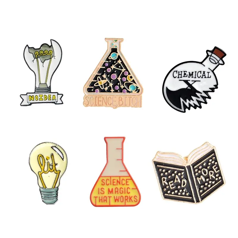 Science Magic label pin factory directly sell Light bulb No Idea Chemical Beaker Enamel Pins Badge Cheap Price for Cloths bag d