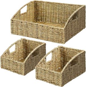 Tự nhiên cỏ biển lưu trữ giỏ, handwoven wicker lưu trữ thùng với được xây dựng trong xử lý, lưu trữ container giỏ cho kệ - Product Image 1