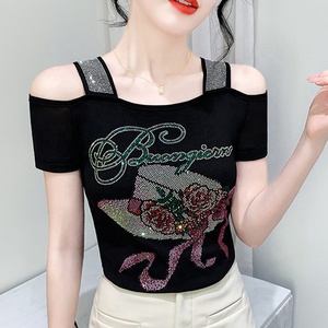 <span class=keywords><strong>Camiseta</strong></span> de Fiesta Personalizada para Mujer, con Lentejuelas <span class=keywords><strong>Brillantes</strong></span> y Pedrería de Mariposa, Sexy, con Hombros Descubiertos, Manga Corta, para Discoteca - Product Image 5
