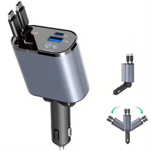 ที่ชาร์จในรถยนต์แบบพับเก็บได้ 120W ชาร์จเร็ว USB C พร้อมหน้าจอ LED แสดงผลแบบดิจิตอล 4 in 1 อะแดปเตอร์ชาร์จเร็ว 2 พอร์ต Type C PD - Product Image 1