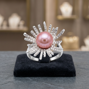 Bague classique en argent sterling 925 avec améthyste, design perle or rose, sertissage pavé, marque CASA DE PLATA, unisexe, tendance, pour mariage - Product Image 3