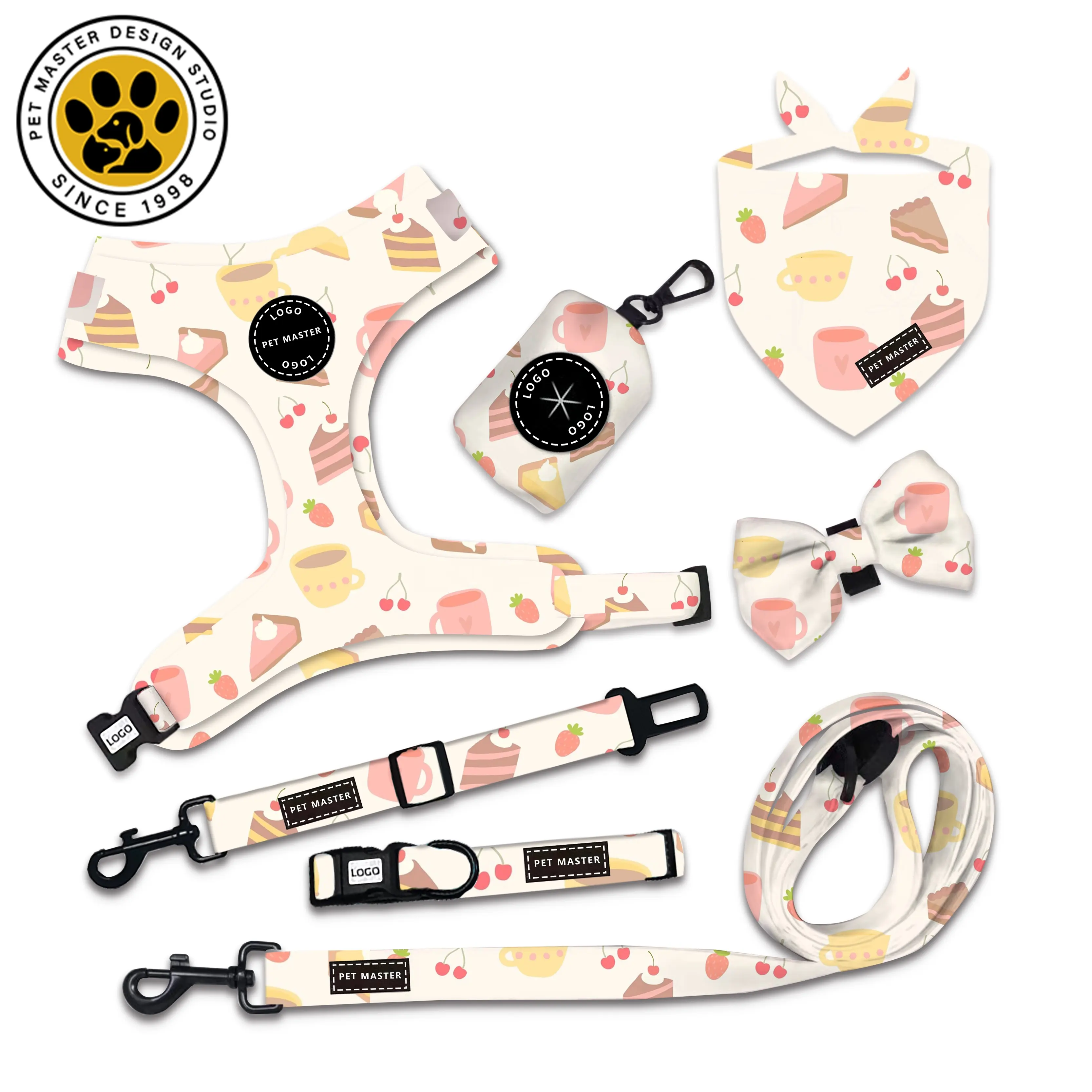 Collar Collars Pet Master New Design Neoprene Cake Pattern 6 Piece Design Dog Harness Leash Collar Poop Bag Set Dog Collars And Leash