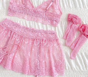 Completo intimo sexy da donna in pizzo rosa ricamato a tre pezzi, reggiseno e slip, per ragazza giovane - Hot Sale - Product Image 3