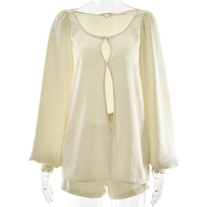 Ensemble deux pièces pour femmes Vandi, manches longues, col rond, shorts amples, respirant, vêtements décontractés - Product Image 5