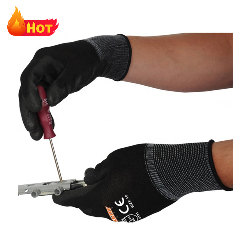 Fr388 4131 Gants en nylon noir blanc Paume en polyuréthane Fit Sécurité Travail Guantes de Trabajo Gants de jardinage enduits de PU