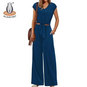 Set da salotto estivi Casual da <span class=keywords><strong>donna</strong></span> in Alxin tinta unita blu Navy pantaloni da ginnastica larghi abiti da viaggio per rivenditori Online - Product Image 4