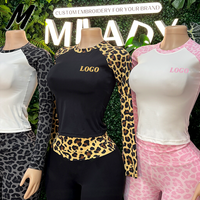 Ensemble de vêtements de sport pour femmes Milady, imprimé léopard, 2 pièces, t-shirt à manches longues, pantalon évasé taille haute, tenue de fitness, broderie personnalisée