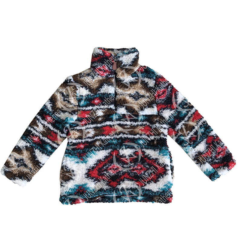 2021 Custom Print Aztec Zip Kids Western Sherpa Pullover