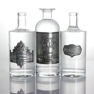 Silver Pewter Zinklegering Aluminium Reliëf Logo Adhesive Wodka Gin Geesten Fles Metalen Etiketten Met Sticker