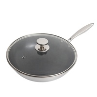 Wok antiadhésif double face alvéolé de 32 cm avec poignée en bois, fond en fonte, couvercle en verre, poêle en acier inoxydable, compatible lave-vaisselle