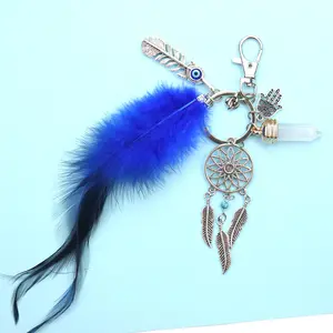 Macrame Bohemian Mini Gemstone Dream Catcher Keychain Feather Blue Eye Crystal Crafts Keychain For Bag Hanging Charms