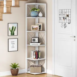 Industrial Wooden White 5 Tier Tall Corner Display und Lager regale Bücherregal für Wohnzimmer Büro Küche