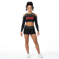 Uniforme de Animadoras Juveniles de Manga Larga con Cuello Alto y Pedrería, Traje de Animadoras de Spandex para Equipo