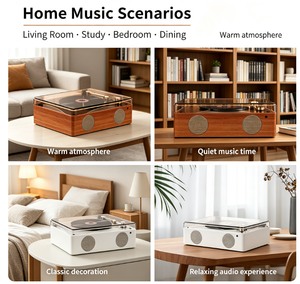 Tocadiscos portátil de vinilo de madera, directo de fábrica, con cubierta antipolvo, altavoz estéreo incorporado y entrada de línea para decoración vintage del hogar. - Product Image 2