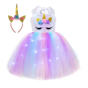 Vestido de lentejuelas LED personalizado para niños de 2 a 12 años, disfraz de unicornio ligero para Navidad